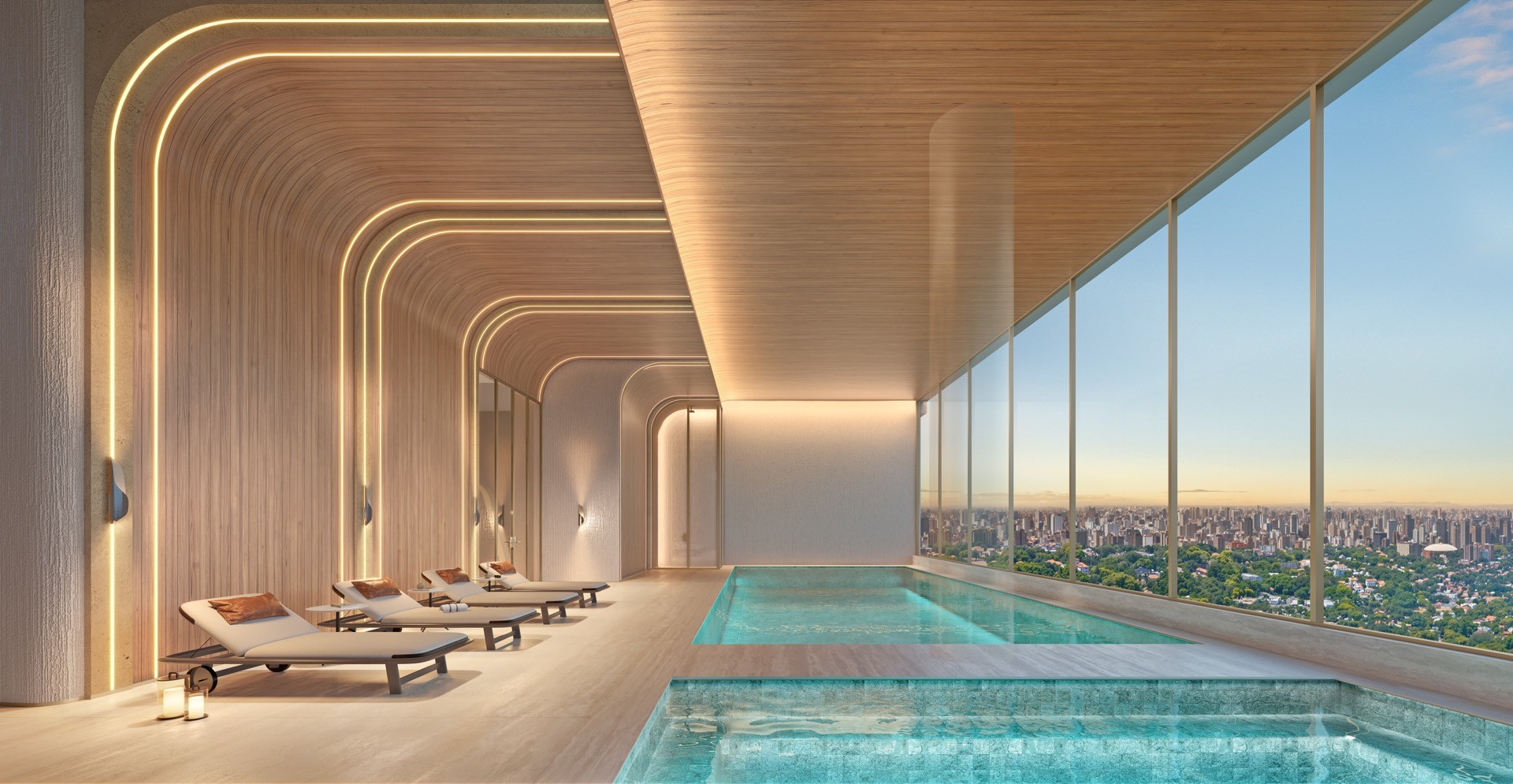 Piscina coberta no 51º andar do Epic Jardim Europa, com vista para a cidade