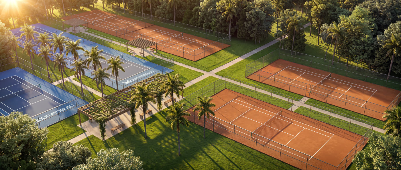 Vista aérea das quadras de saibro e cobertas do Mouratoglou Tennis Center no Heritage Riviera