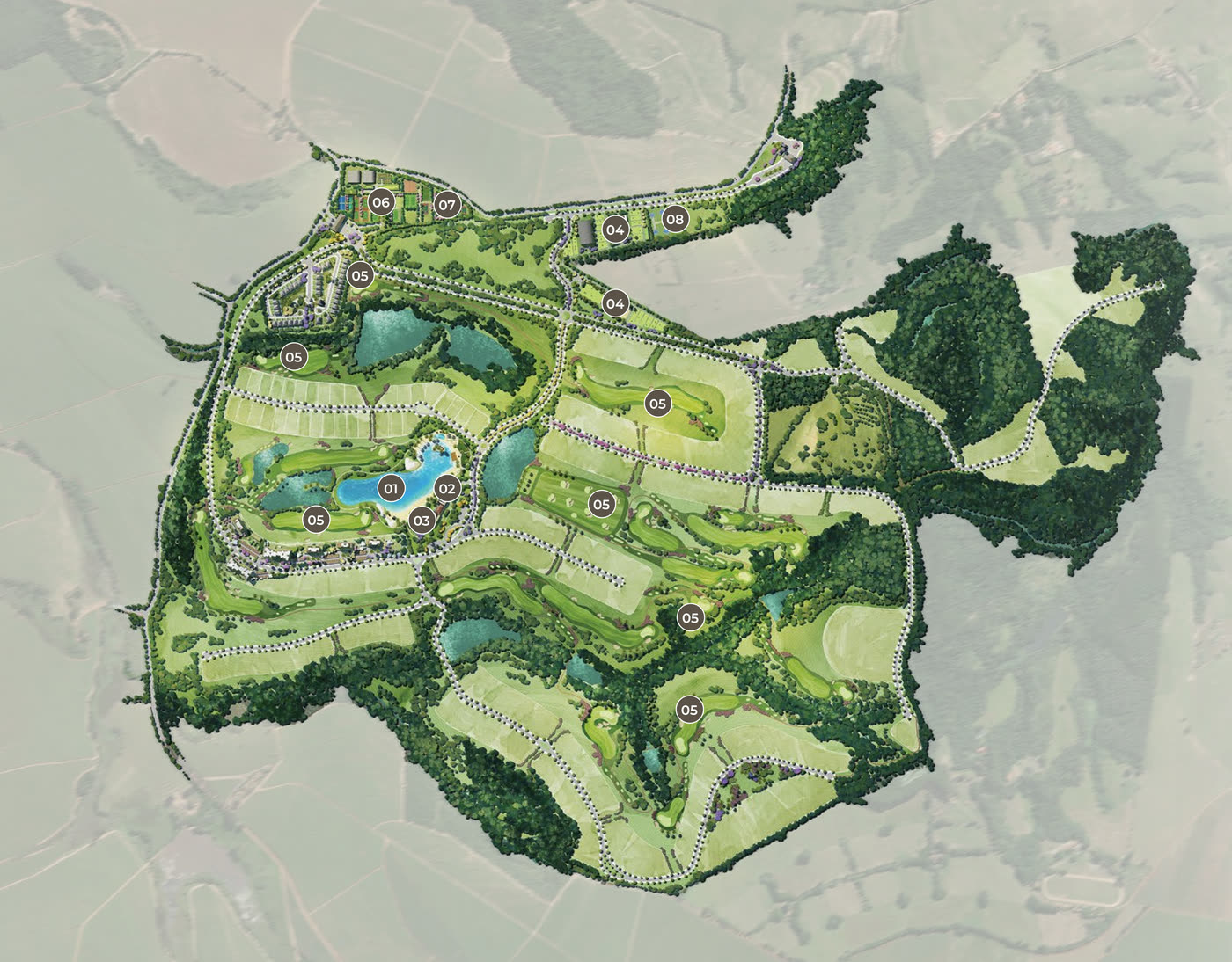 Masterplan do Heritage Riviera com a lagoa, o clubhouse, o golfe, a hípica e os lotes