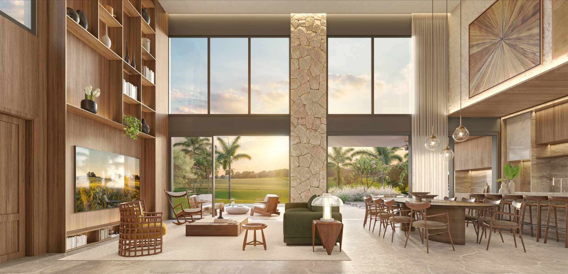 Sala de estar e jantar integradas com vista para o jardim