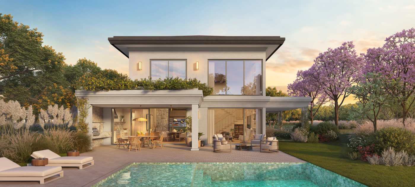 Casa Villa Riviera vista dos fundos, com jardim e piscina privativos