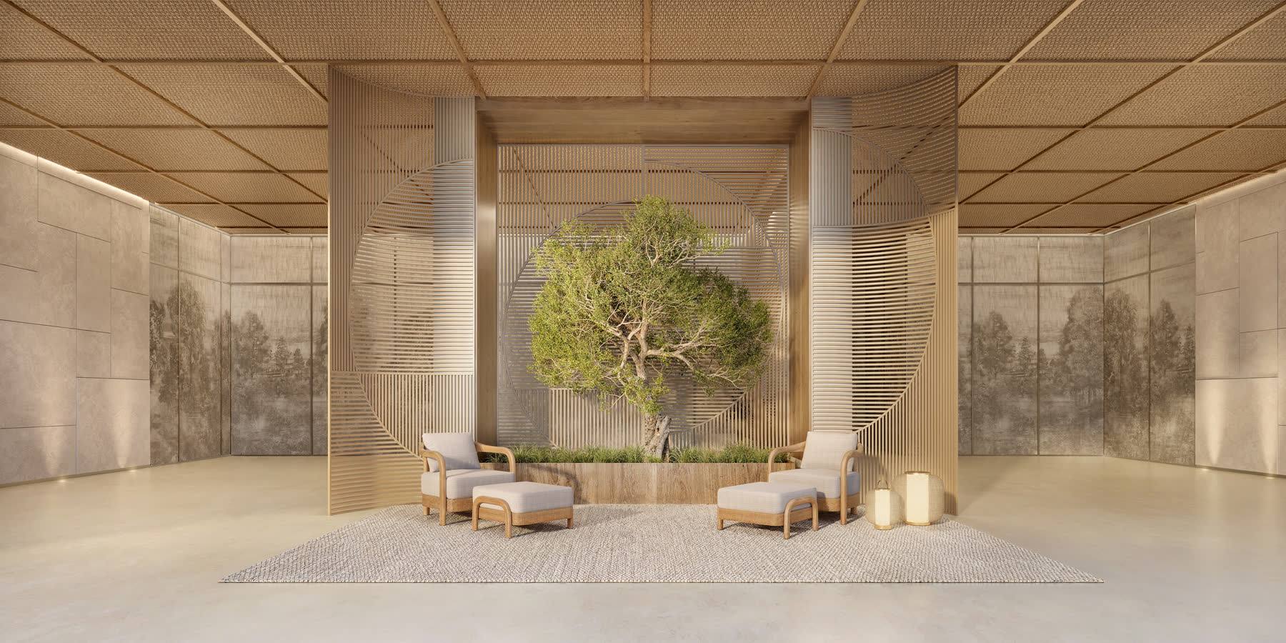 Lobby da torre com árvore ao centro