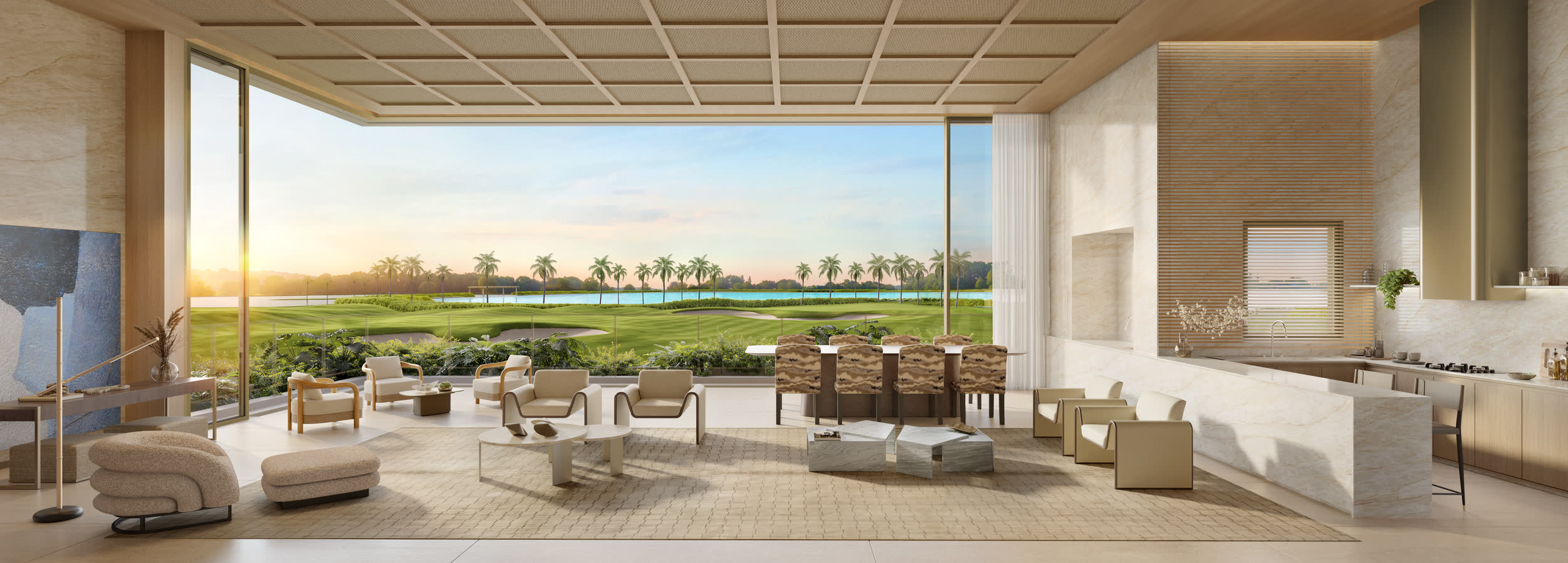 Living do apartamento de 265 m² com vista para o golfe